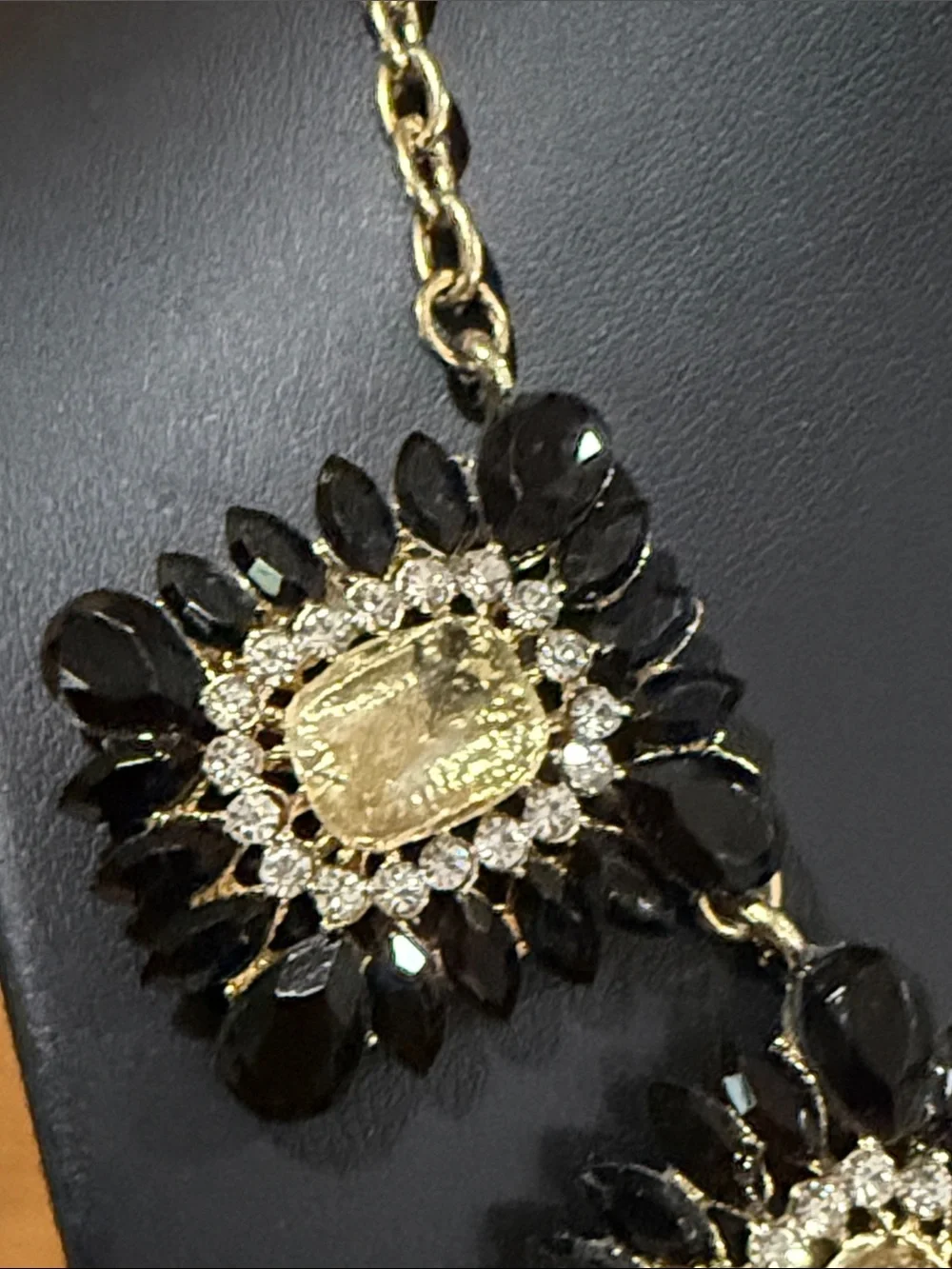 Black and Clear rhinestone Geometric gold tone Statement Necklace
